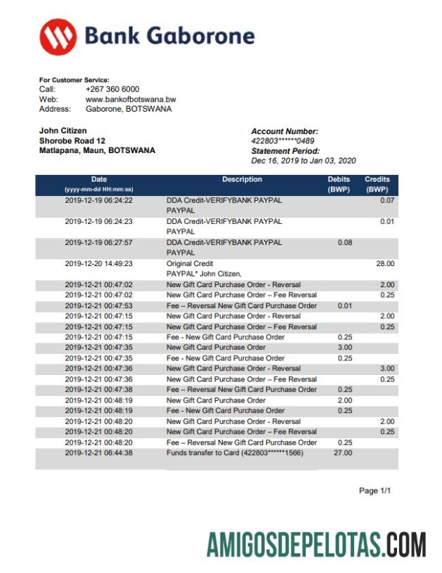 Botswana Bank Gaborone extrato bancário amostra